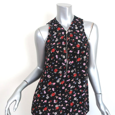 The Kooples Half-Zip Tank Top Black Floral Print Silk Size Extra Small