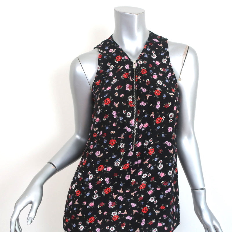 The Kooples Half-Zip Tank Top Black Floral Print Silk Size Extra Small
