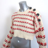 Meryll Rogge Cropped Sweater Ivory/Red Striped Wool Pointelle Knit Size Large