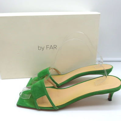BY FAR Virgo Cutout Mules Green Suede Size 41 Kitten Heel Sandals