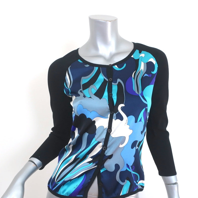 Emilio Pucci Printed Silk-Front Cardigan Navy Stretch Knit
