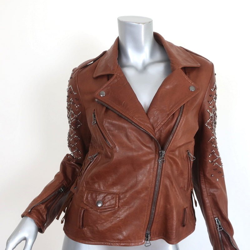3.1 Phillip Lim Crystal-Embellished Leather Motorcycle Jacket Brown Size 6 - Celebrity Owned