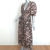 Zimmermann Puff Sleeve Midi Dress Juniper Brown Zebra Print Linen Size 0