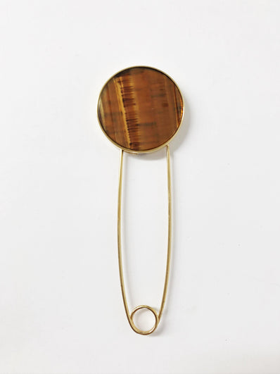 Hillier Bartley Tiger's Eye Round Safety Pin Brooch 24k Gold-Plated Brass available at CelebrityOwned.com img_1