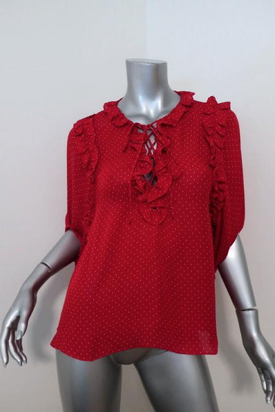ICONS Lace-Up Blouse Red Polka Dot Print Silk Size Small Ruffle-Trim Top NEW available at CelebrityOwned.com img_1