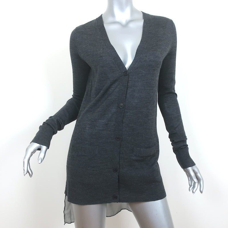 Vera Wang Chiffon-Hem Cardigan Charcoal Wool Size Medium V-Neck Sweater