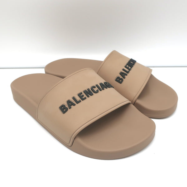 Balenciaga Logo Pool Slides Beige Size 37 Slip On Sandals