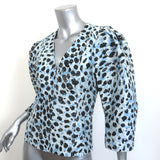 GANNI Leopard Print Top Blue Crispy Jacquard Size 34 Puff Sleeve Blouse NEW