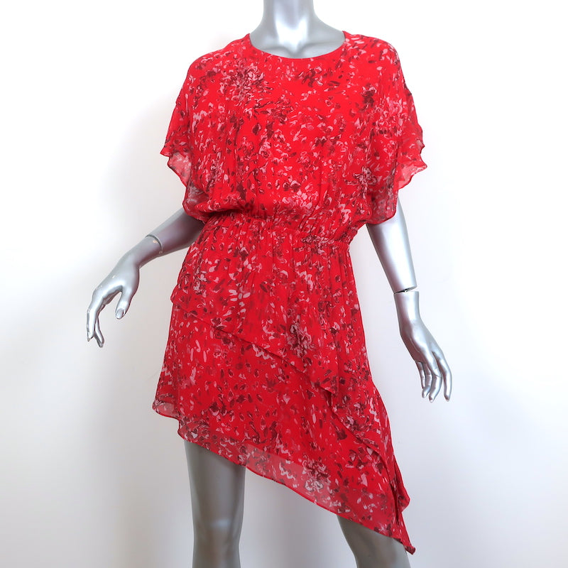 IRO Asymmetric Mini Dress Blame Red Printed Chiffon Size 36 Flutter Sleeve