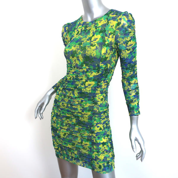 GANNI Ruched Mesh Mini Dress Yellow/Green Sulphur Spring Print