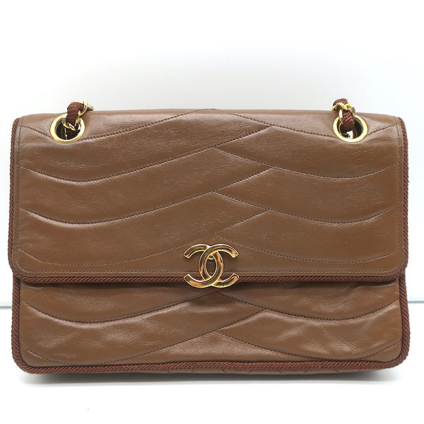Vintage Chanel 2.55 CC Shoulder Bag Brown Rope-Trim Wavy Stitch