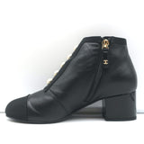 Chanel Pearl Button Cap Toe Booties Black Leather Size 35 Ankle Boots