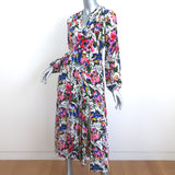 RIXO Midi Dress Camellia Floral Print Pleated Silk Size Small Long Sleeve V-Neck