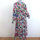 RIXO Midi Dress Camellia Floral Print Pleated Silk Size Small Long Sleeve V-Neck