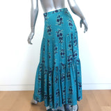Veronica Beard Serence Tiered Maxi Skirt Turquoise Floral Print Silk Size 0
