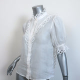 FRAME Embroidered High Neck Top White Ramie Size Extra Small Short Sleeve Blouse