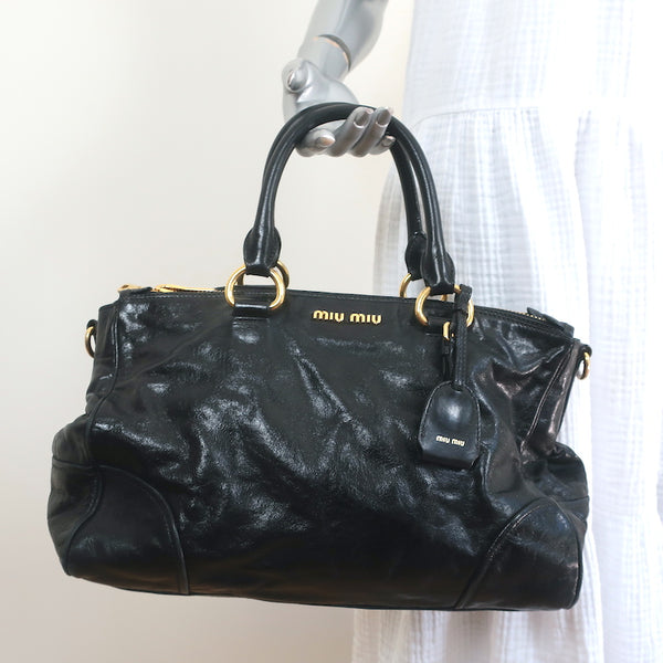 Miu Miu Black Vitello Shine Quilted Leather Crossbody Camera Bag