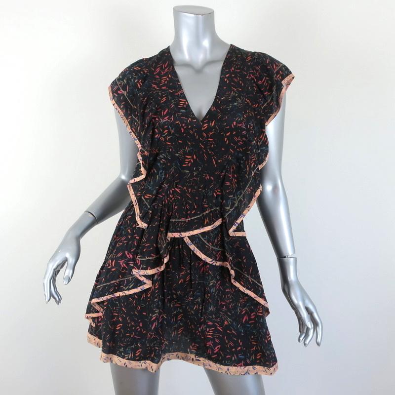 IRO Mini Dress Jicka Black Ruffled Printed Silk Size 34 Cap Sleeve V-Neck available at CelebrityOwned.com img_1
