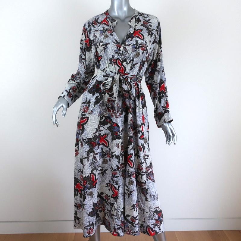 Isabel Marant Midi Dress Olympia White/Multi Printed Silk Size 34 Long Sleeve available at CelebrityOwned.com img_1