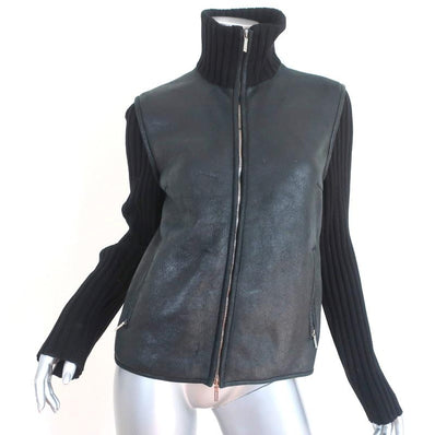 Jil Sander Shearling Jacket Black Leather & Ribbed Knit Size 38 available at CelebrityOwned.com img_1