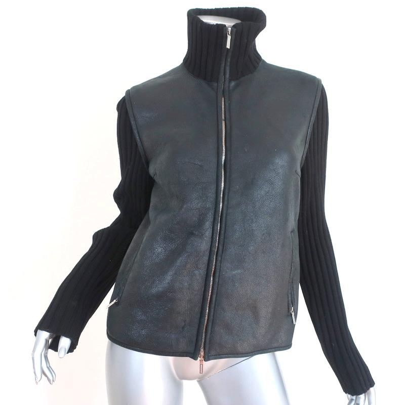 Jil Sander Shearling Jacket Black Leather & Ribbed Knit Size 38 available at CelebrityOwned.com img_1