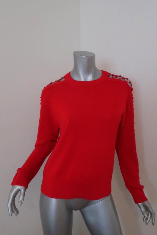 Jonathan Simkhai Ring-Embellished Sweater Red Wool Size Medium Crewneck Pullover available at CelebrityOwned.com img_1