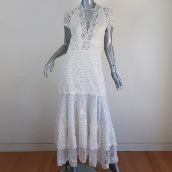 Jonathan Simkhai Tiered Lace Midi Dress White Size 8 Short Sleeve Celebrity Owned