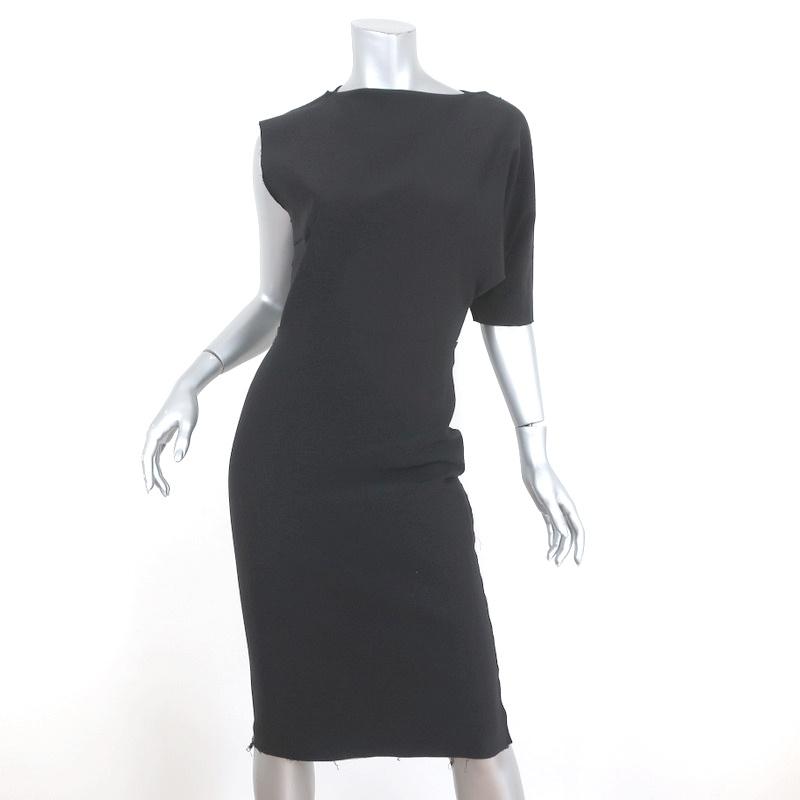 Lanvin Asymmetric Sleeve Dress Black Stretch Wool Size 36 available at CelebrityOwned.com img_1
