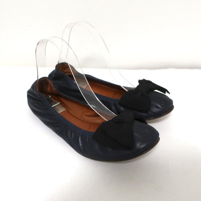 Lanvin Bow Ballet Flats Navy Leather Size 38.5 available at CelebrityOwned.com img_1