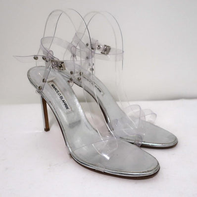 Manolo Blahnik PVC Crisscross Sandals Silver Leather Size 41 Ankle Strap Heel available at CelebrityOwned.com img_1