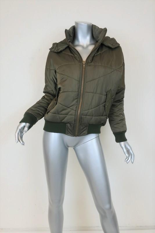 NSF Puffer Jacket Veda Olive Tech-Satin Size Petite Hooded Zip-Front available at CelebrityOwned.com img_1