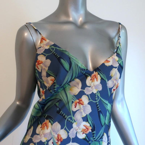 PatBO Dress Carmen Blue Ruffled Floral Print Satin Size US 4 Asymmetri –  Celebrity Owned