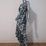 PatBO Dress Carmen Blue Ruffled Floral Print Satin Size US 4 Asymmetric Midi available at CelebrityOwned.com img_4