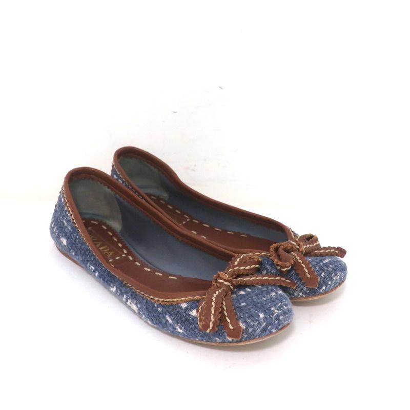 Prada Tweed Ballet Flats with Leather Bow Blue/Brown Size 37 available at CelebrityOwned.com img_1