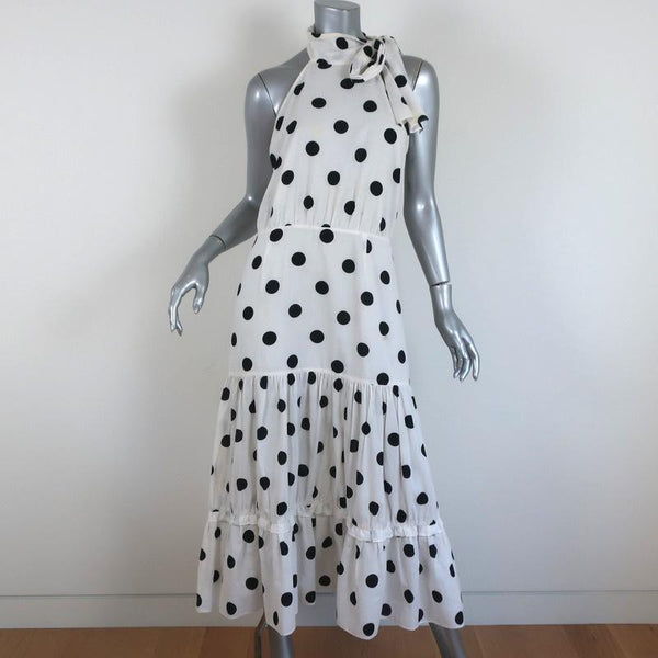 RIXO Dress Eleanor White Black Polka Dot Size Large Tie Neck Sleevel Celebrity Owned