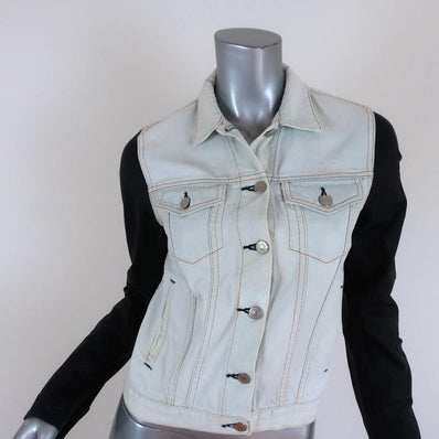 Rag & Bone/JEAN Jean Jacket with Leather Sleeves Bleach Out/Black Size Small available at CelebrityOwned.com img_1