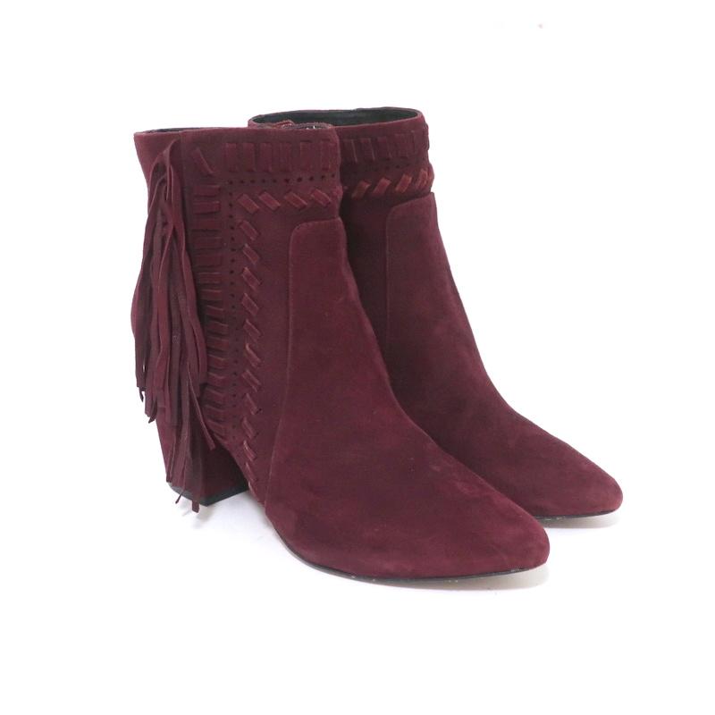 Rebecca Minkoff Fringe Ankle Boots Ilan Wine Suede Size 9 Pointed Toe Booties available at CelebrityOwned.com img_1