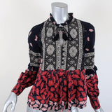 SEA Blouse Eloise Navy/Red Ruffled Printed Silk Size 0 Long Sleeve Tassel Top available at CelebrityOwned.com img_1