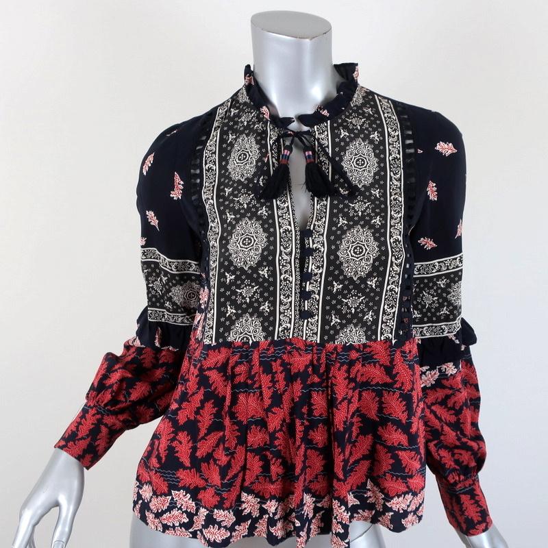 SEA Blouse Eloise Navy/Red Ruffled Printed Silk Size 0 Long Sleeve Tassel Top available at CelebrityOwned.com img_1