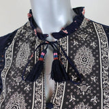 SEA Blouse Eloise Navy/Red Ruffled Printed Silk Size 0 Long Sleeve Tassel Top available at CelebrityOwned.com img_2