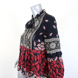 SEA Blouse Eloise Navy/Red Ruffled Printed Silk Size 0 Long Sleeve Tassel Top available at CelebrityOwned.com img_3