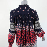 SEA Blouse Eloise Navy/Red Ruffled Printed Silk Size 0 Long Sleeve Tassel Top available at CelebrityOwned.com img_6