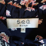 SEA Blouse Eloise Navy/Red Ruffled Printed Silk Size 0 Long Sleeve Tassel Top available at CelebrityOwned.com img_8