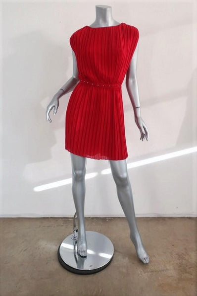 Saint Laurent Dress Red Pleated Washed Silk Georgette Size 40 Studded-Waist Mini available at CelebrityOwned.com img_1