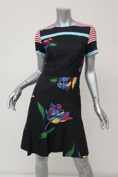 Suno Dress Black Floral & Striped Print Twill Size 2 Short Sleeve Fit & Flare available at CelebrityOwned.com img_1