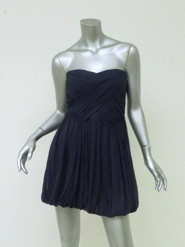 Tibi Dress Navy Pleated Silk Chiffon Size 4 Strapless Bubble Hem Mini available at CelebrityOwned.com img_1