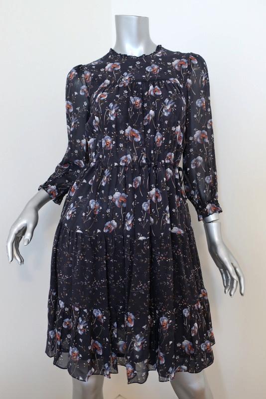 Ulla Johnson Dress Skye Navy Tiered Floral Print Silk Size 0 Tassel Drawstring available at CelebrityOwned.com img_1