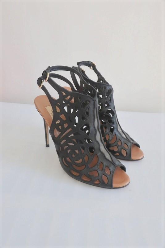Valentino Rose Laser-Cut Slingback Booties Black Leather Size 39 Peep Toe Heel     15 > available at CelebrityOwned.com img_1