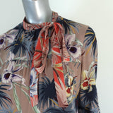 Valentino Tie Neck Dress Brown Floral Print Silk Size 8 Long Sleeve Mini available at CelebrityOwned.com img_2