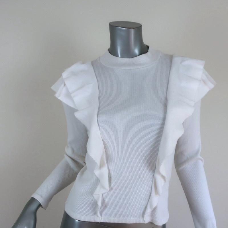 Veronica Beard Ruffle Top Dawson White Ribbed Jersey Size Medium Long Sleeve available at CelebrityOwned.com img_1